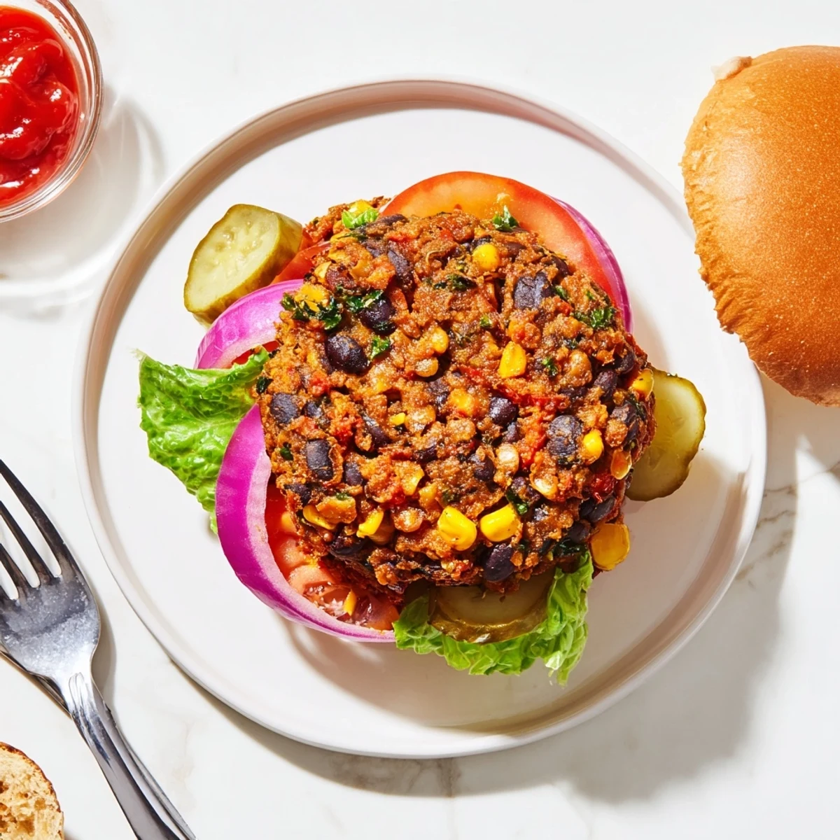 Golden brown veggie burgers recipe stacked on toasted buns with fresh lettuce and ripe tomato slices