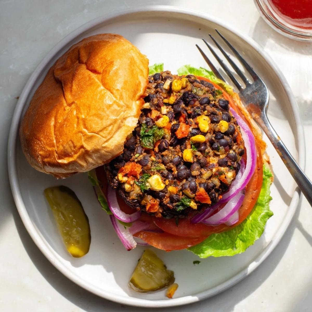 Plated veggie burgers recipe topped with crisp pickles and ketchup alongside sweet potato fries on a wooden board