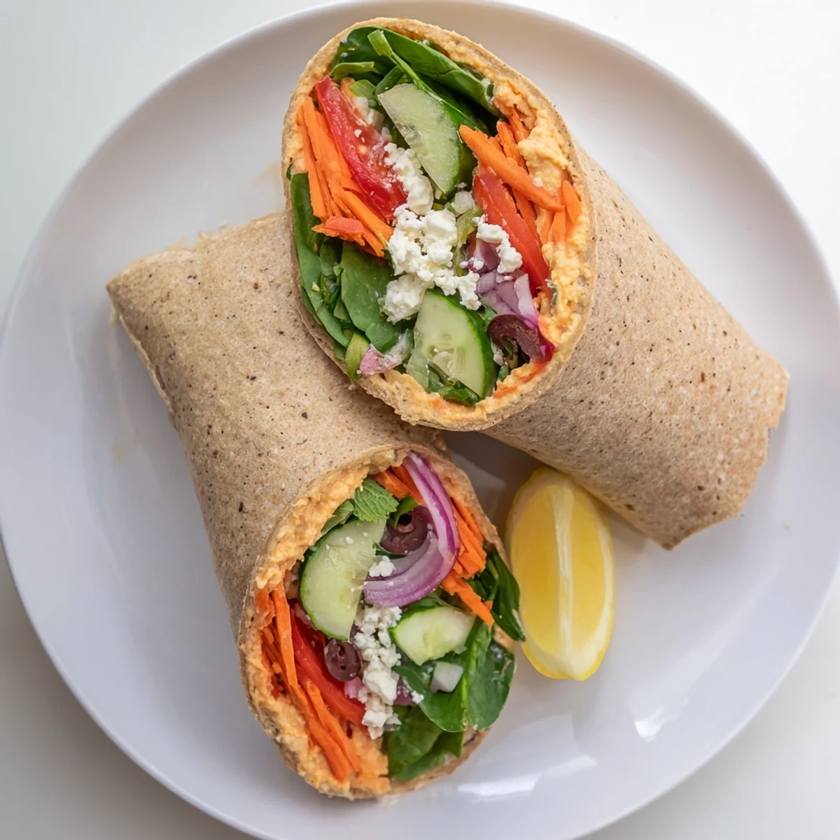 Heavenly Hummus Wrap featuring colorful sliced vegetables and fresh herbs rolled in whole wheat tortilla
