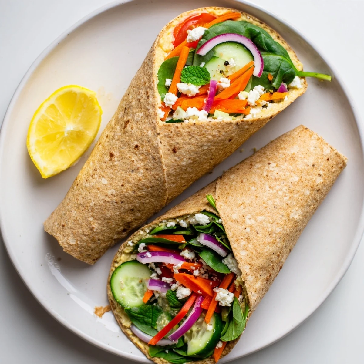 Mediterranean-style Heavenly Hummus Wrap with crisp cucumber, tomatoes, and creamy homemade spread on flatbread