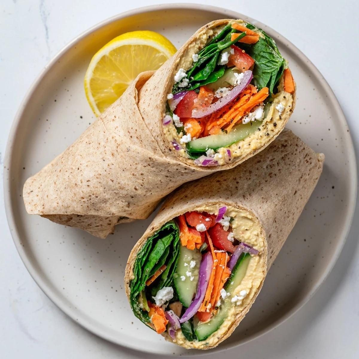 Close-up of Heavenly Hummus Wrap sliced diagonally revealing layers of spinach, peppers, and feta cheese