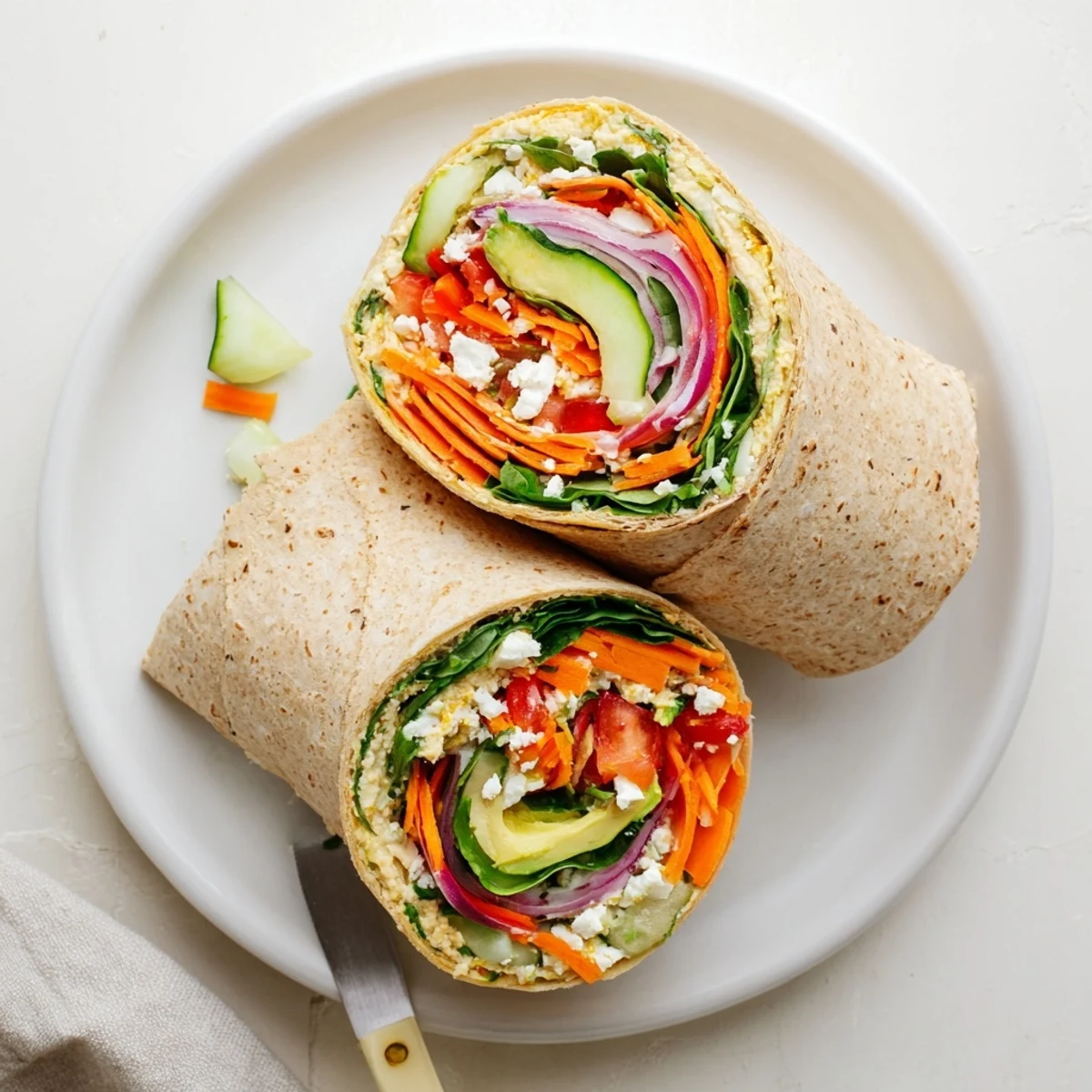 Mediterranean Hummus Veggie Wrap Recipe filled with crisp shredded carrots and creamy spread on whole wheat tortilla