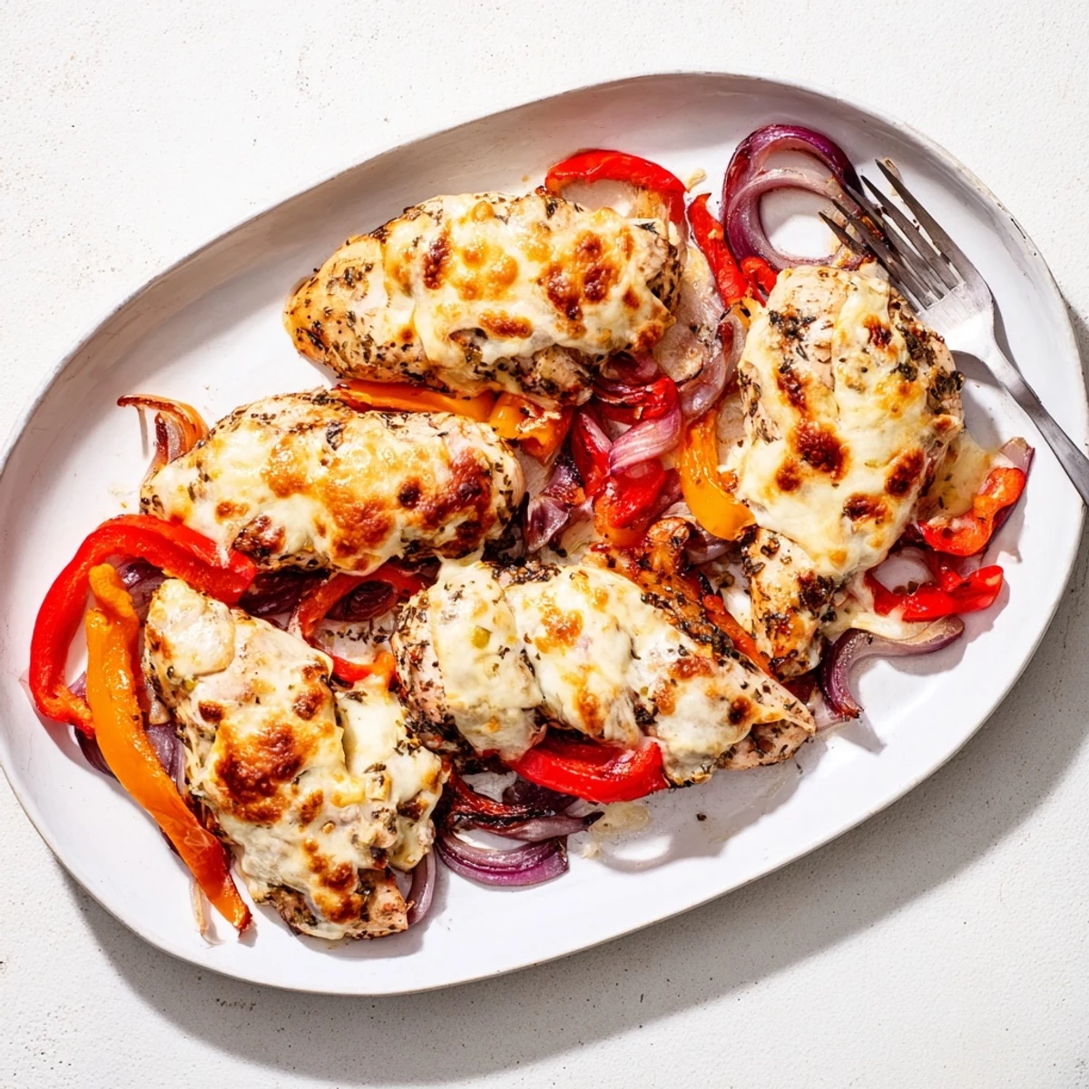 Golden cheesy baked chicken breast nestled among roasted red yellow and green bell peppers