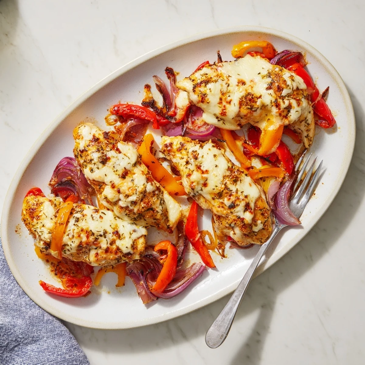 Tender baked chicken breasts topped with bubbling melted mozzarella and colorful sliced pepper medley