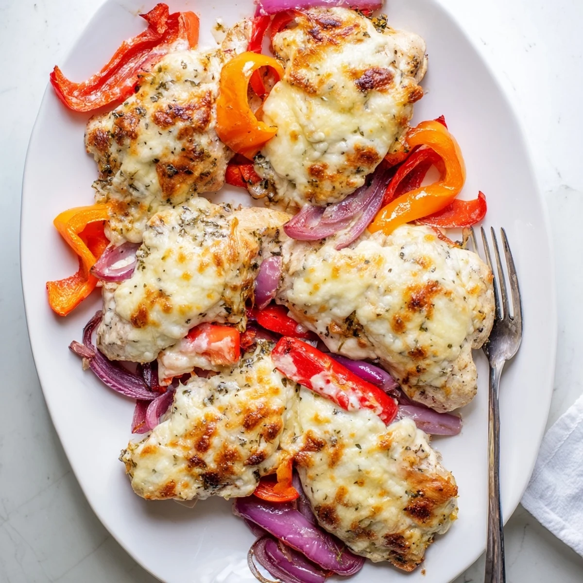 Savory chicken and peppers casserole with parmesan crust baked until cheese is golden brown