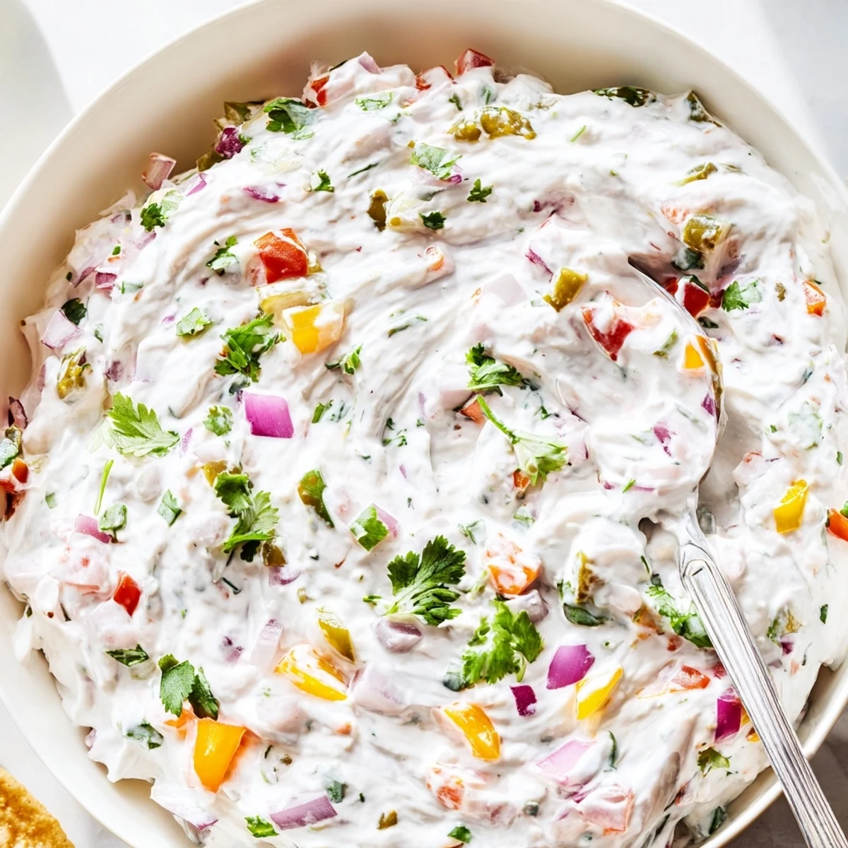 Creamy Grillos Pickle De Gallo Ranch Dip served in a white bowl with colorful vegetable chunks visible throughout the smooth white mixture