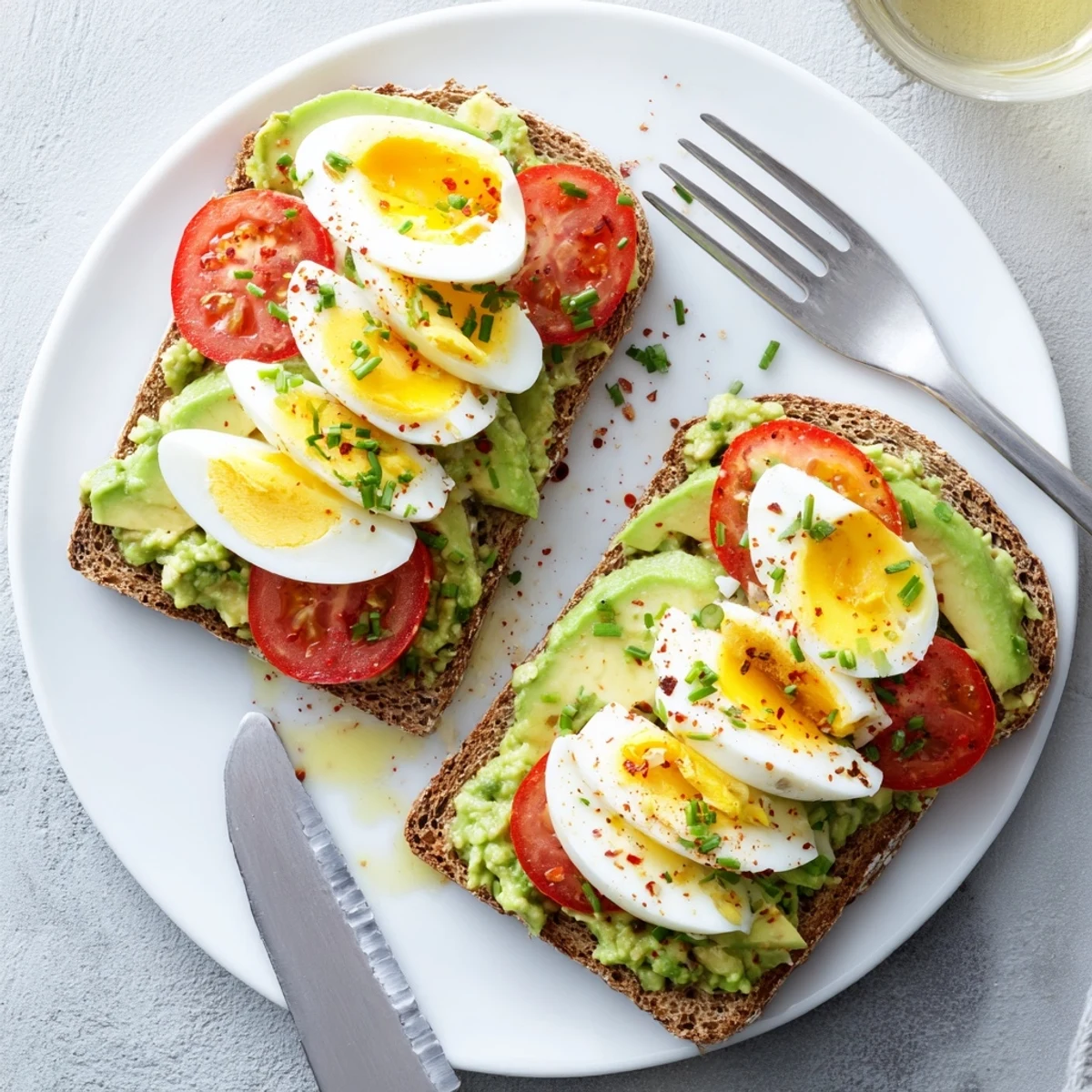 Golden toasted bread topped with creamy mashed avocado layered with juicy tomato slices and perfectly hard-boiled eggs