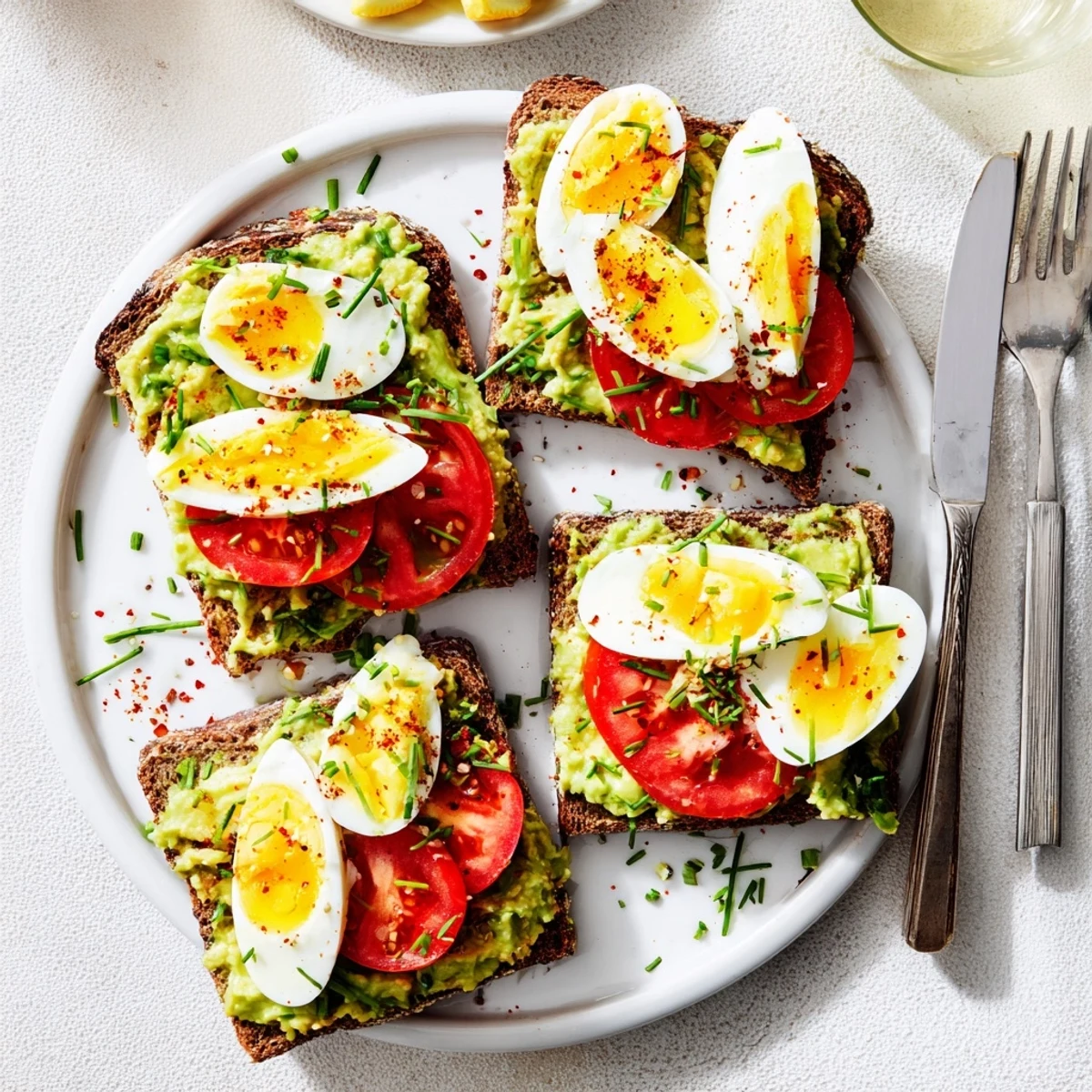 Vibrant open-faced avocado toast with tomato and hard-boiled egg sprinkled with fresh herbs and red pepper flakes