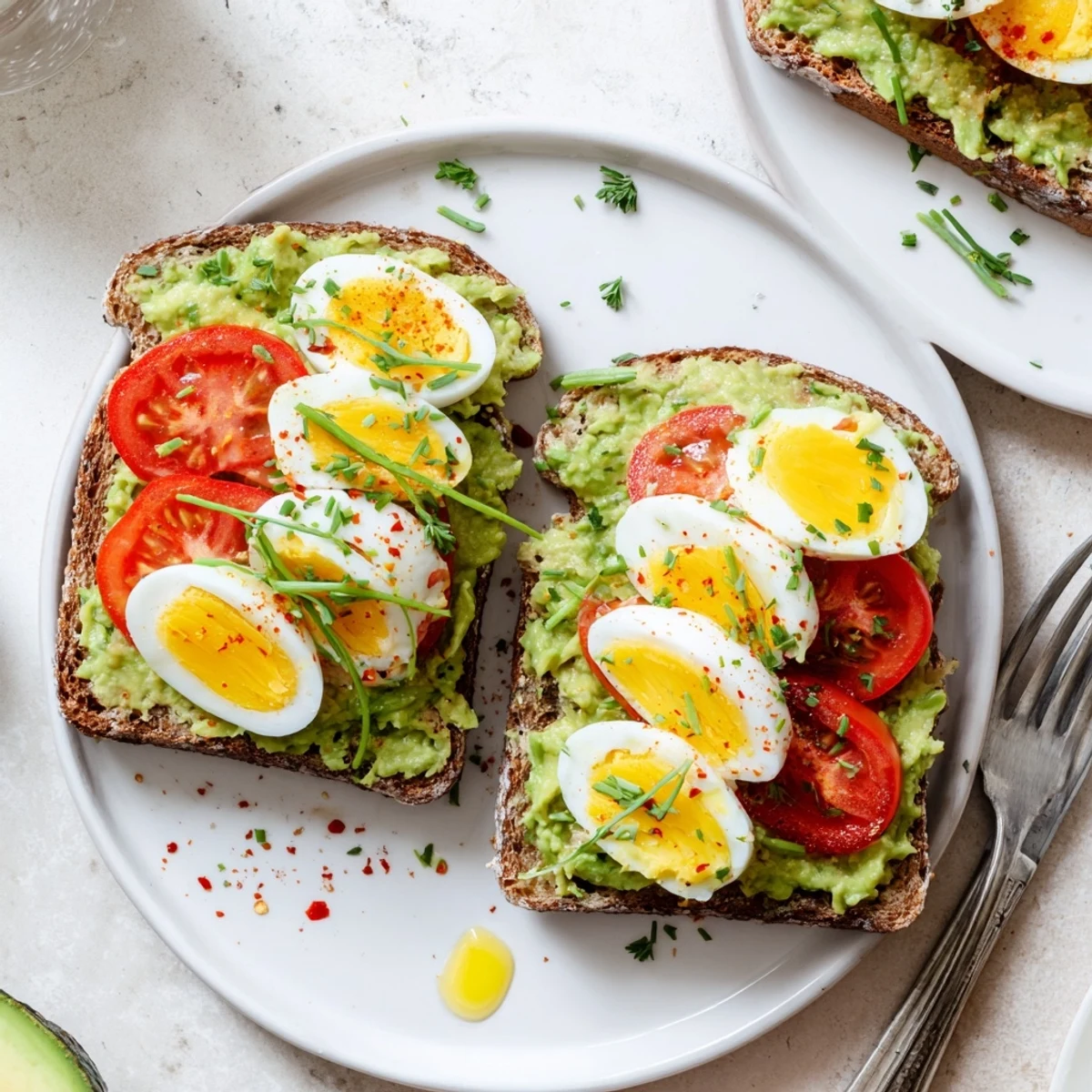 Hearty avocado toast with tomato and hard-boiled egg drizzled with olive oil on whole grain sourdough bread