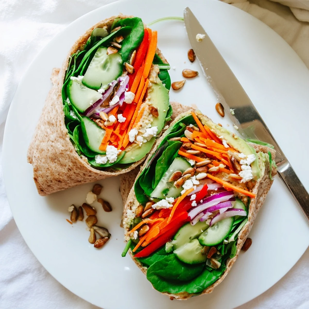 Cross-section of veggie wrap with hummus revealing layers of spinach, bell peppers, carrots, and sliced avocado