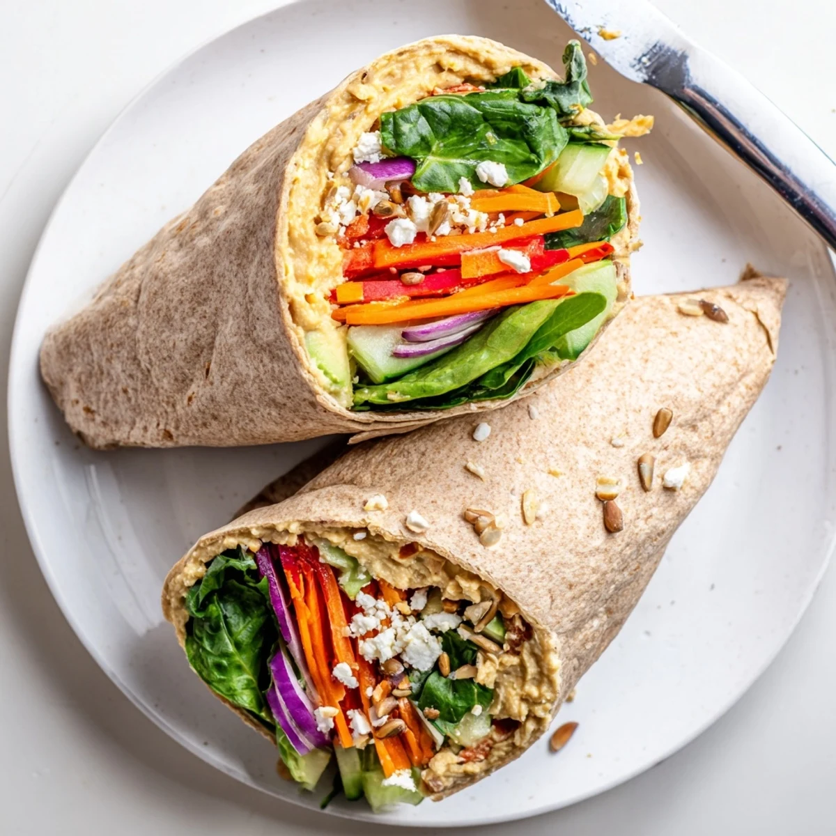 Fresh whole wheat tortilla wrapped with colorful vegetables and creamy hummus for a quick vegetarian lunch