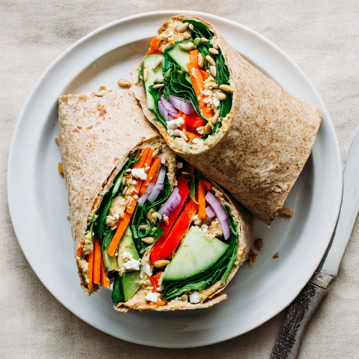 Mediterranean-style veggie wrap with hummus packed with crisp raw vegetables and ready for healthy meal prep