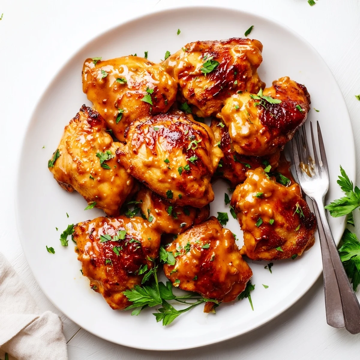 Golden oven baked honey mustard chicken breasts glazed with sweet tangy sauce and garnished with fresh parsley