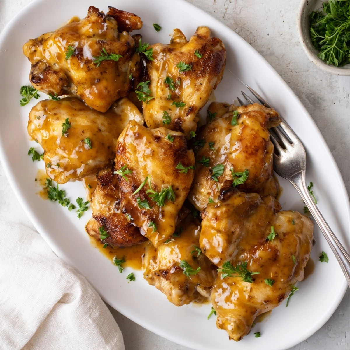 Succulent oven baked honey mustard chicken with glossy honey garlic sauce and sprinkled green parsley garnish
