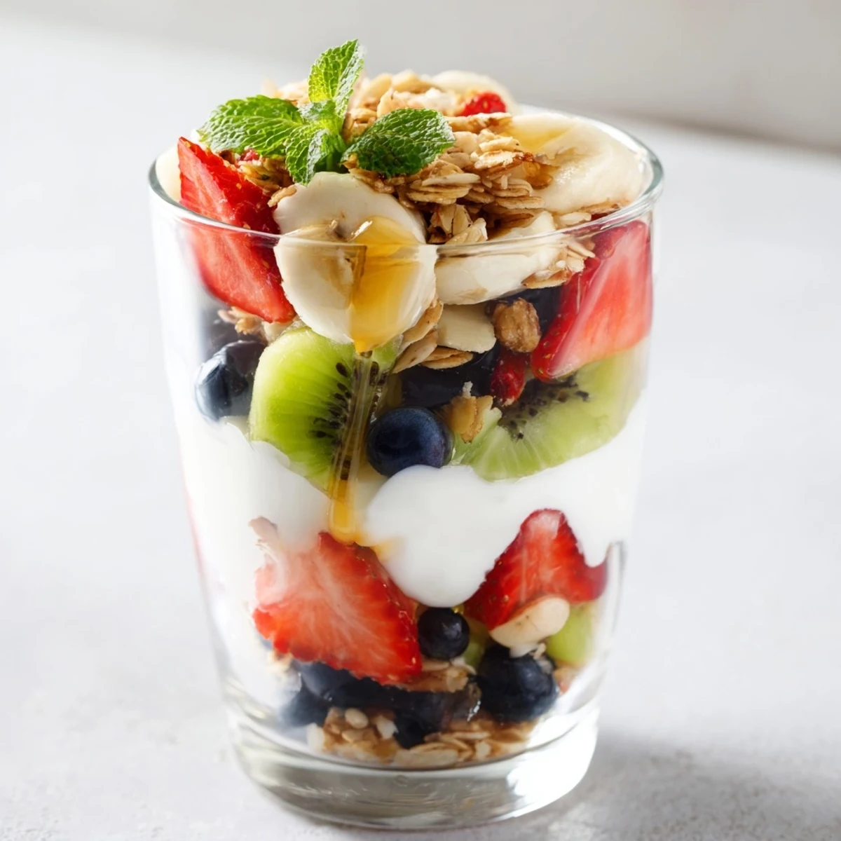 Colorful yogurt parfait recipe with honey and fresh fruits layered in clear glasses