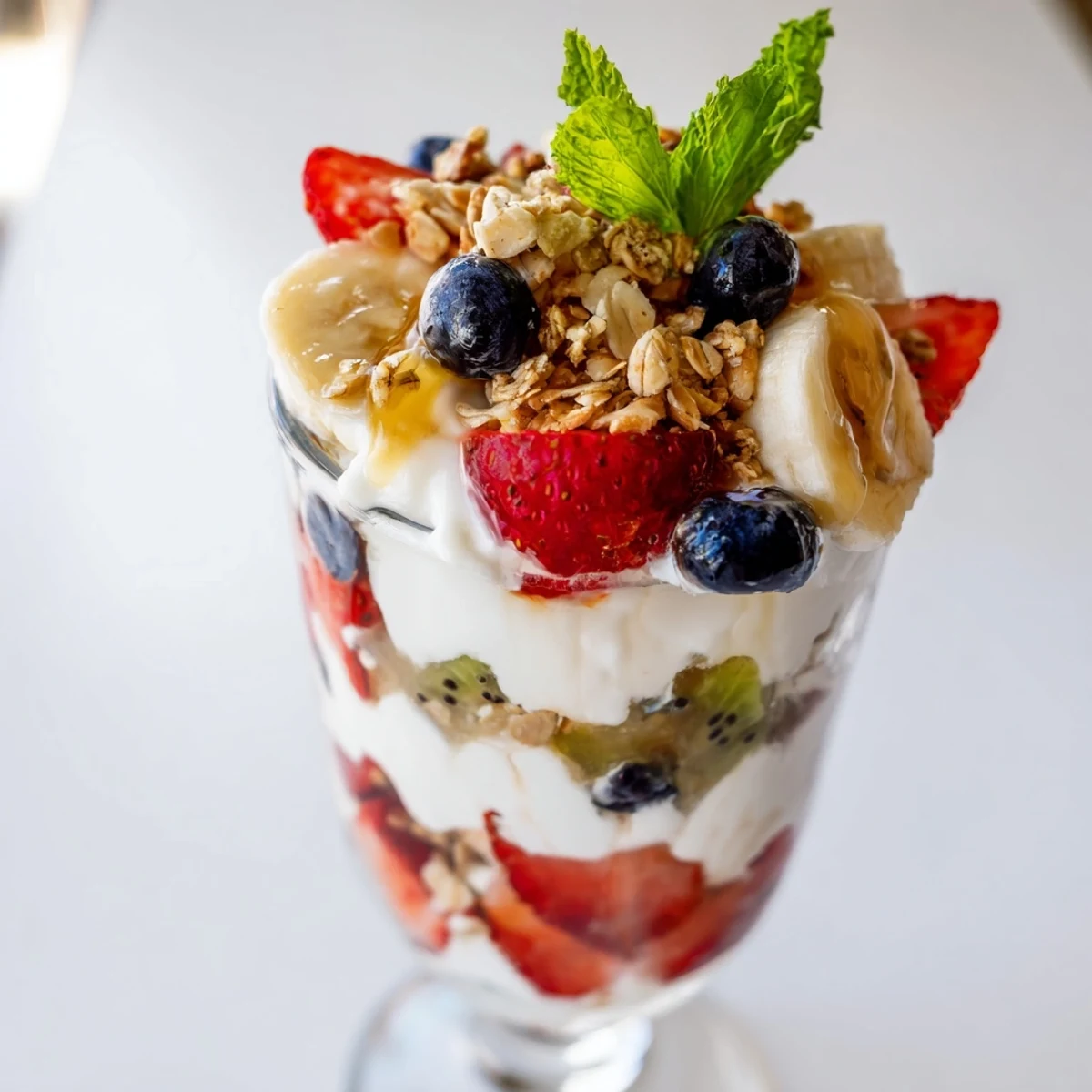 Creamy Greek yogurt parfait recipe topped with honey, strawberries, blueberries, and crunchy granola