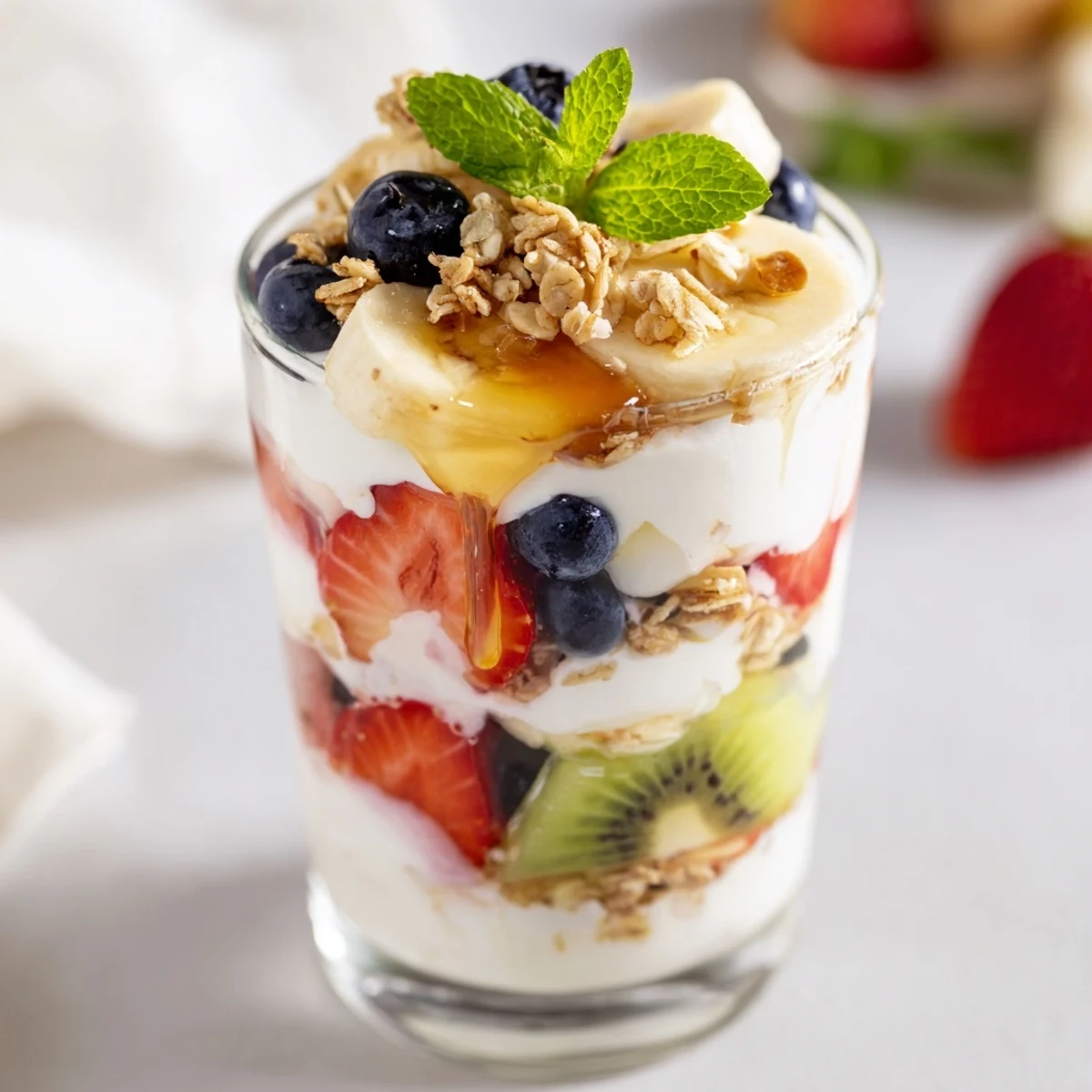 Healthy breakfast yogurt parfait recipe with honey drizzle and layered mixed fresh fruits