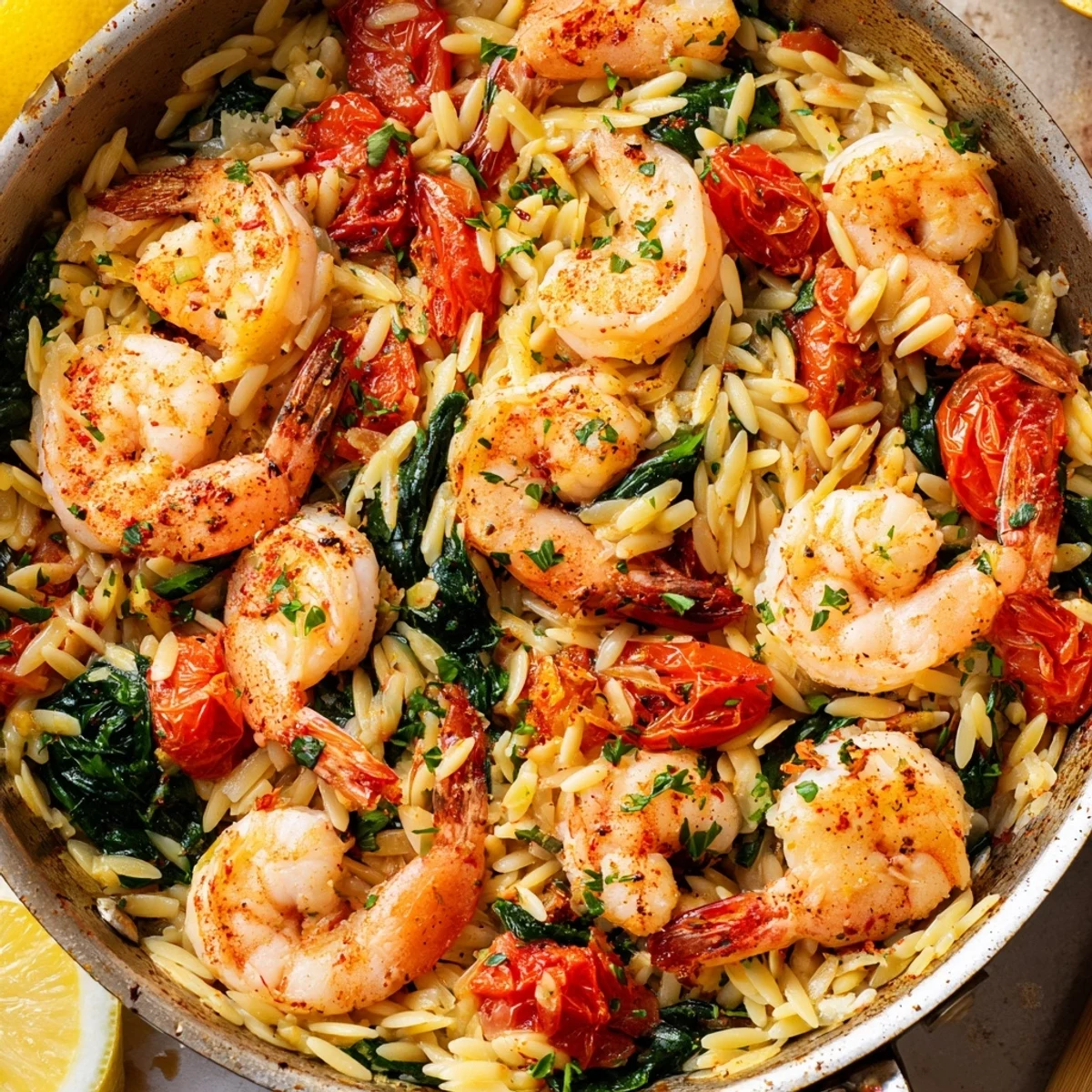 Tender pink shrimp nestled in creamy lemon orzo pasta with fresh parsley and baby spinach in a skillet