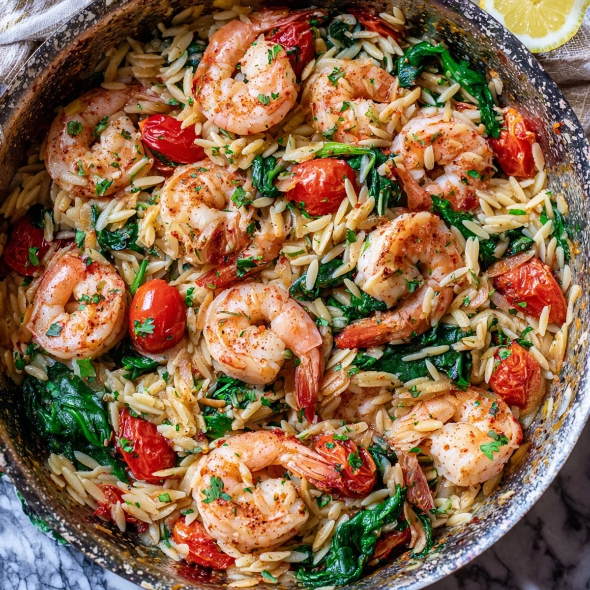 Golden lemon shrimp and orzo skillet with vibrant spinach and cherry tomatoes in a Mediterranean one-pan meal
