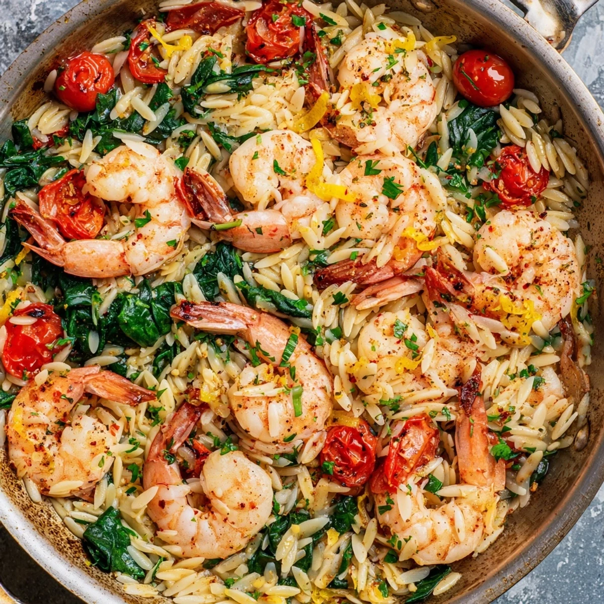 Hearty lemon shrimp and orzo skillet recipe featuring perfectly cooked pasta, juicy tomatoes, and wilted greens garnished with herbs