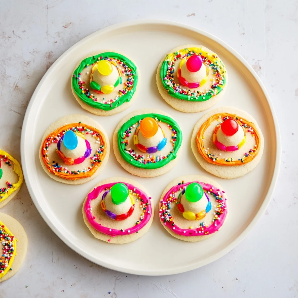 Vibrant Mexican sombrero-shaped sugar cookies topped with gumdrops and rainbow frosting for holiday parties
