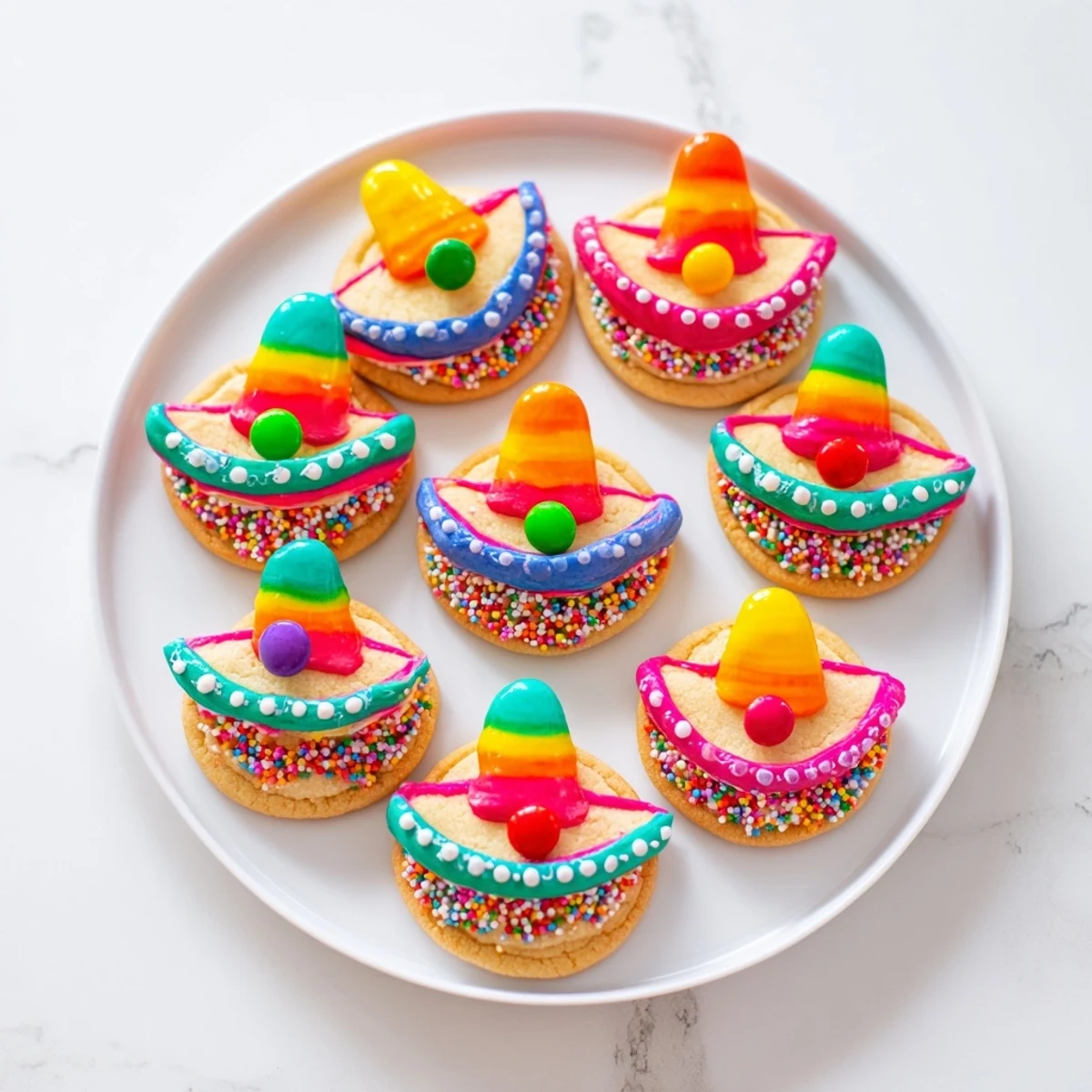 Festive Cinco de Mayo Sombrero Cookies decorated with colorful icing and bright sprinkles on white platter