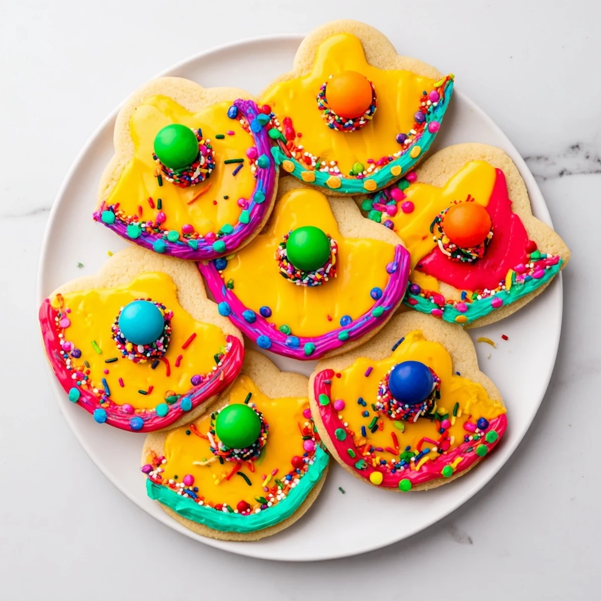 Colorful sugar cookie sombreros with candy decorations arranged on serving tray for Cinco de Mayo celebration