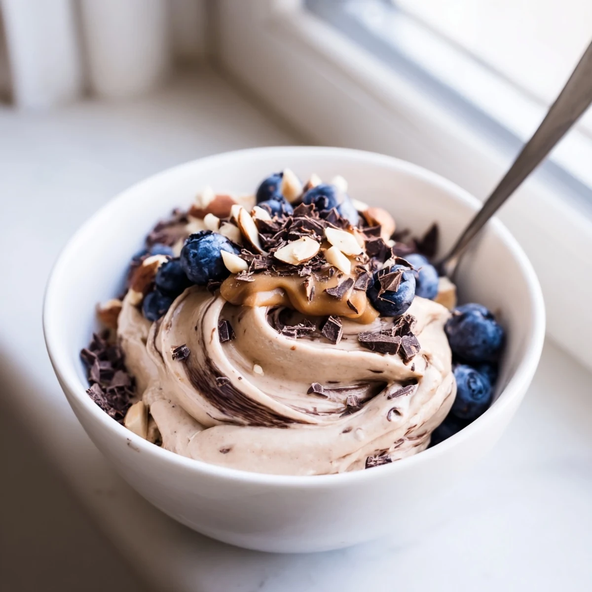 Vegan healthy nice cream recipe showcasing soft-serve texture topped with colorful mixed berries and coconut flakes