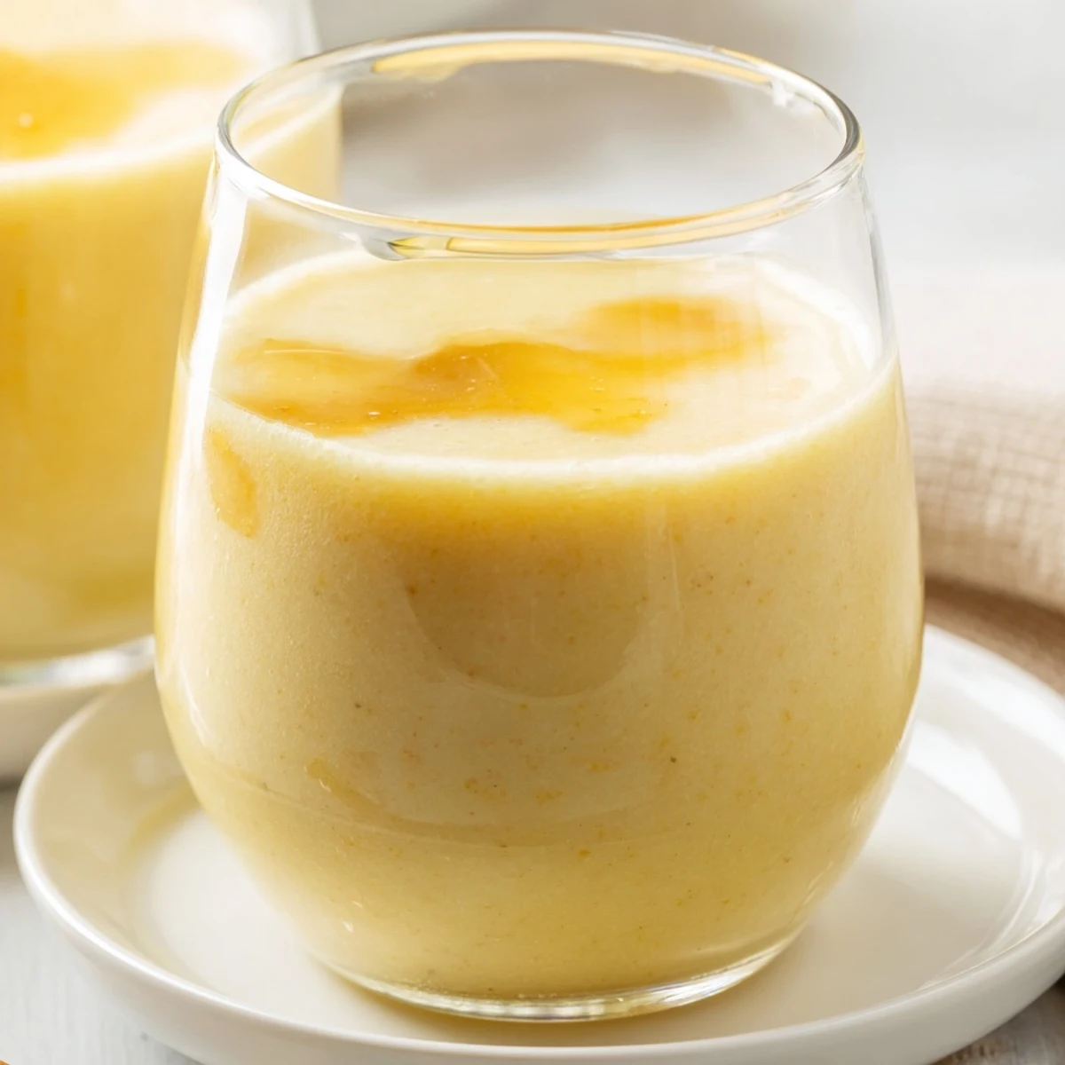 Tropical Pineapple Mango Smoothie recipe in a glass garnished with fresh pineapple wedge and mint