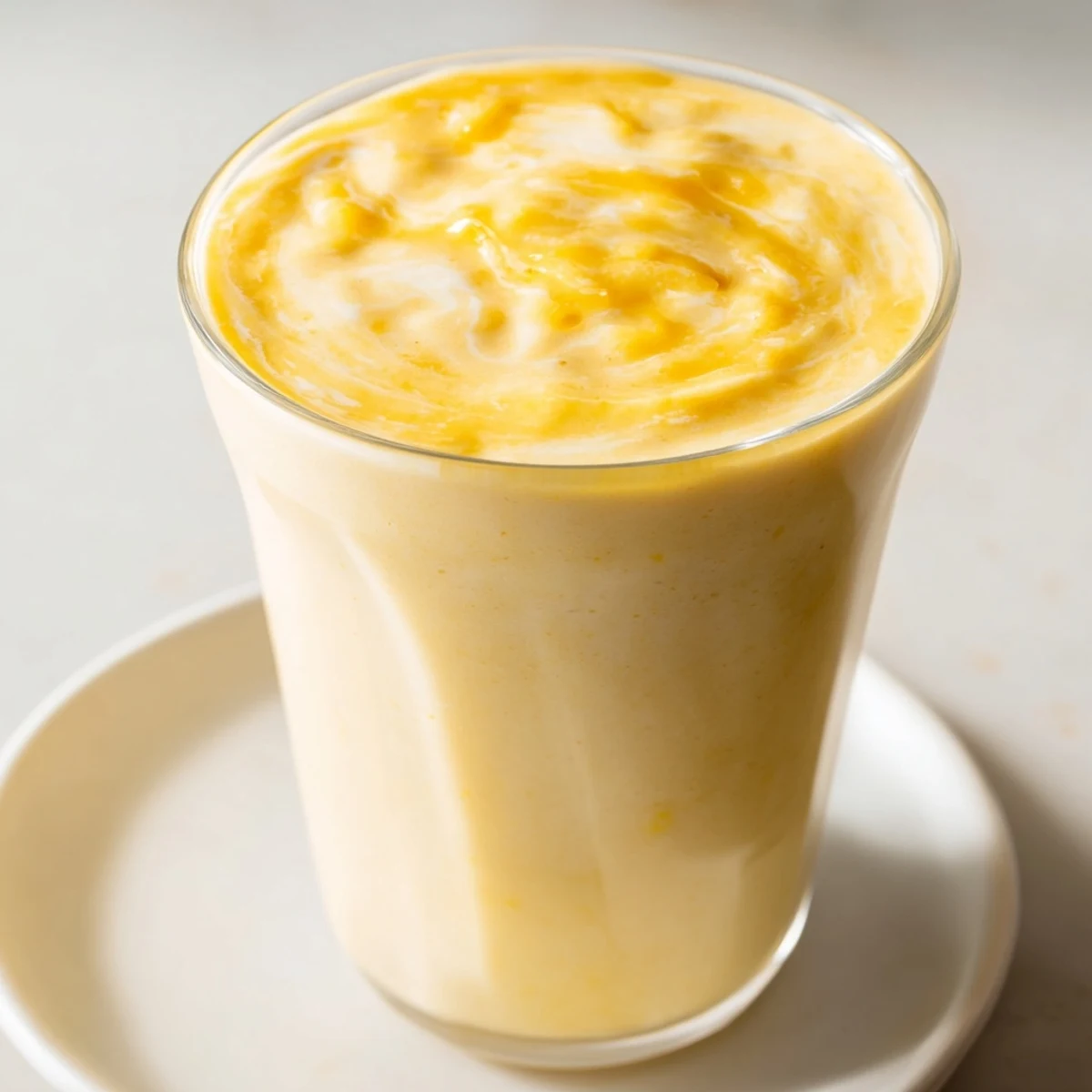 Vibrant blended Tropical Pineapple Mango Smoothie recipe topped with tropical fruit garnish on wooden table