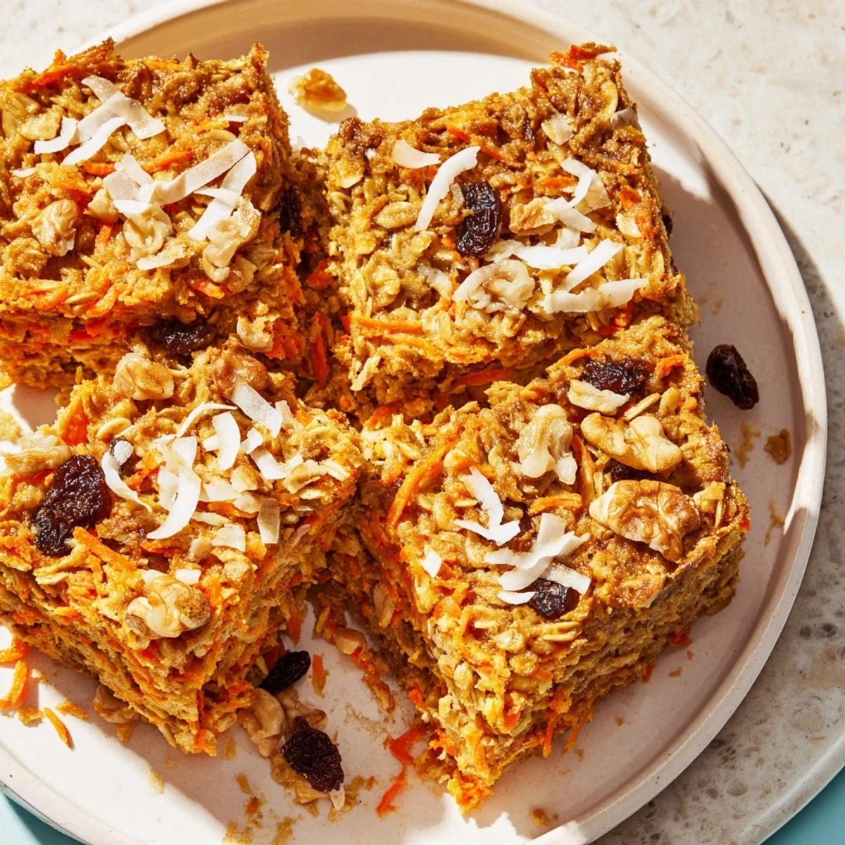 Sliced carrot cake baked oatmeal squares dusted with cinnamon and shredded coconut ready for meal prep