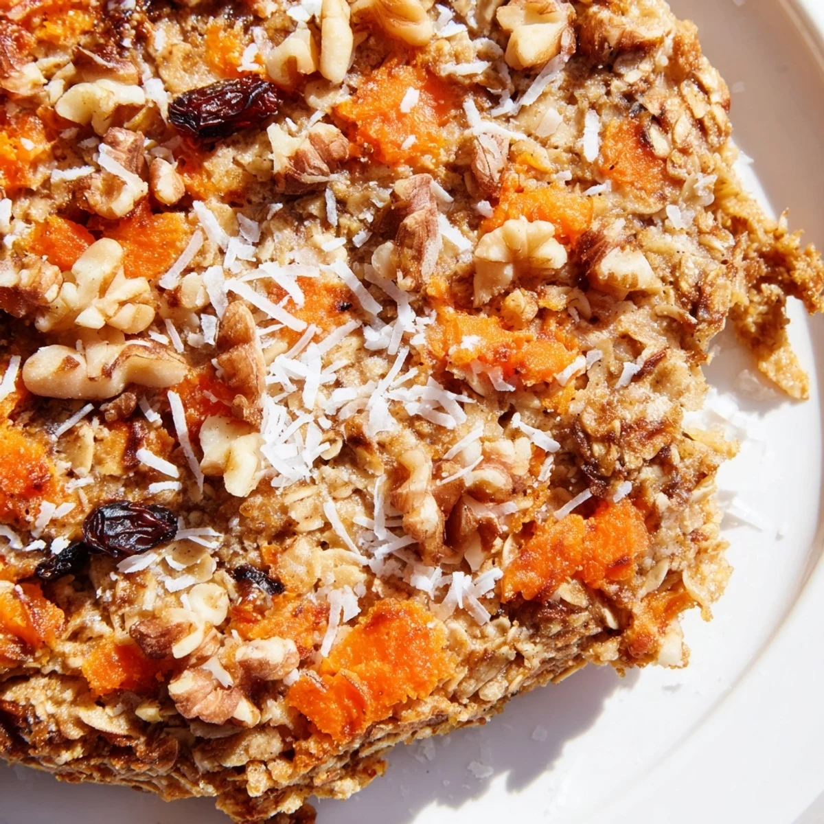 Golden carrot cake baked oatmeal with grated carrots, walnuts, and raisins in a square baking dish