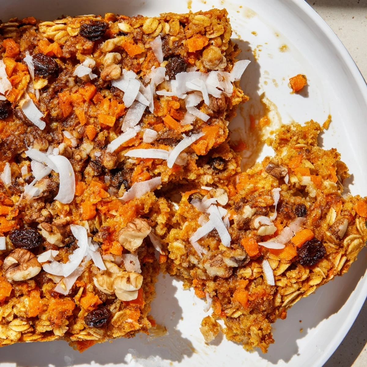 Warm breakfast bowl of spiced carrot cake baked oatmeal topped with chopped pecans and sweet raisins