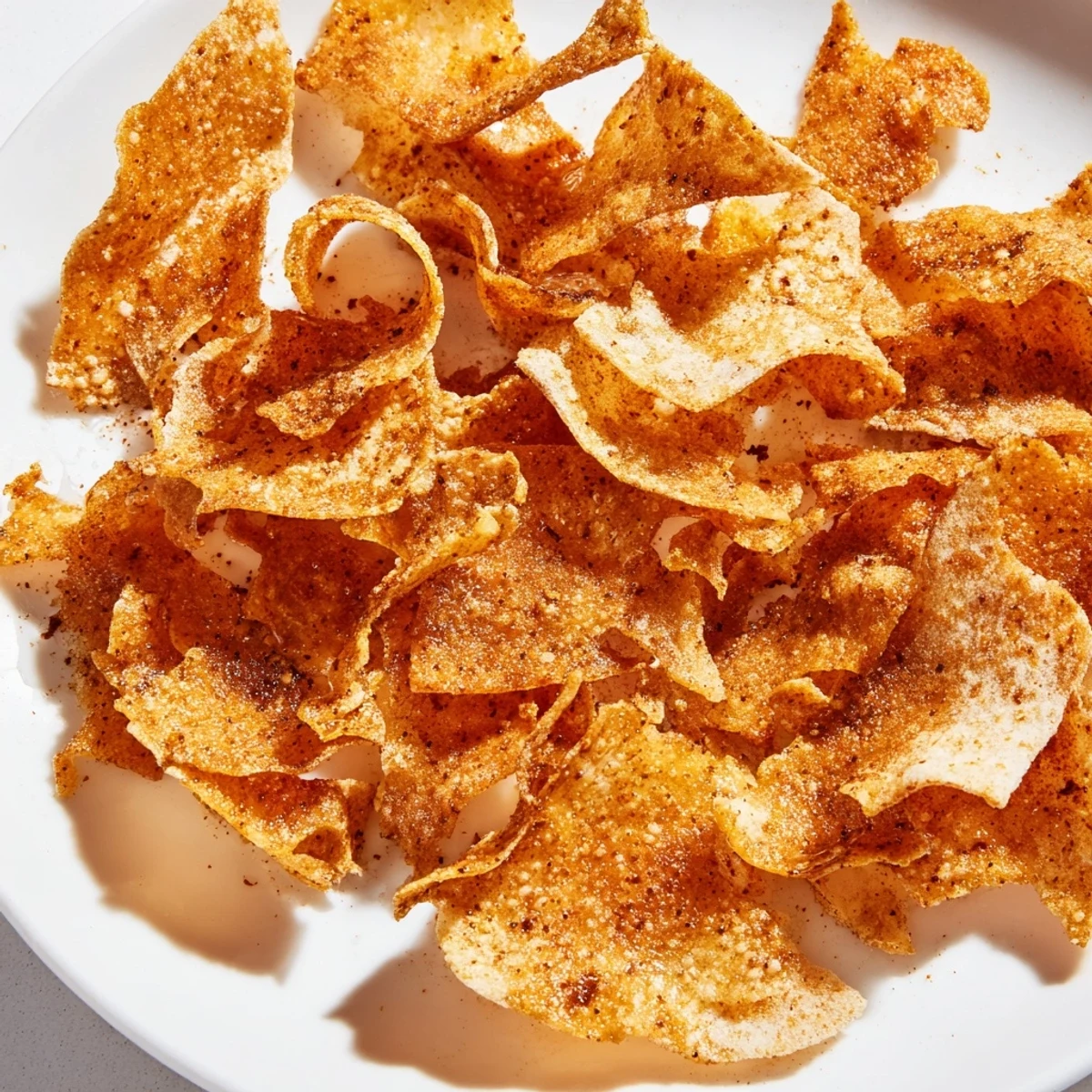 Golden brown chickpea chips arranged on a wooden board, crispy edges and lightly dusted with spices
