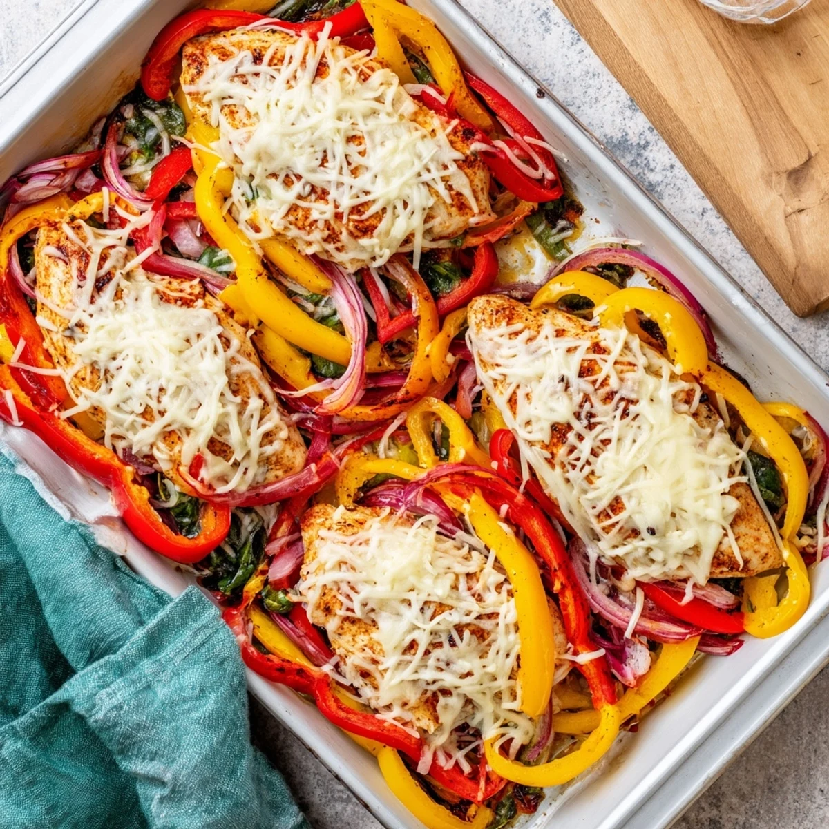 Tender chicken breast topped with melted mozzarella cheese and vibrant multicolored peppers