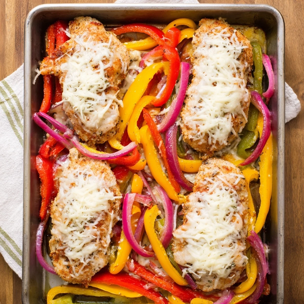 Golden cheesy baked chicken breast nestled among colorful roasted bell pepper slices