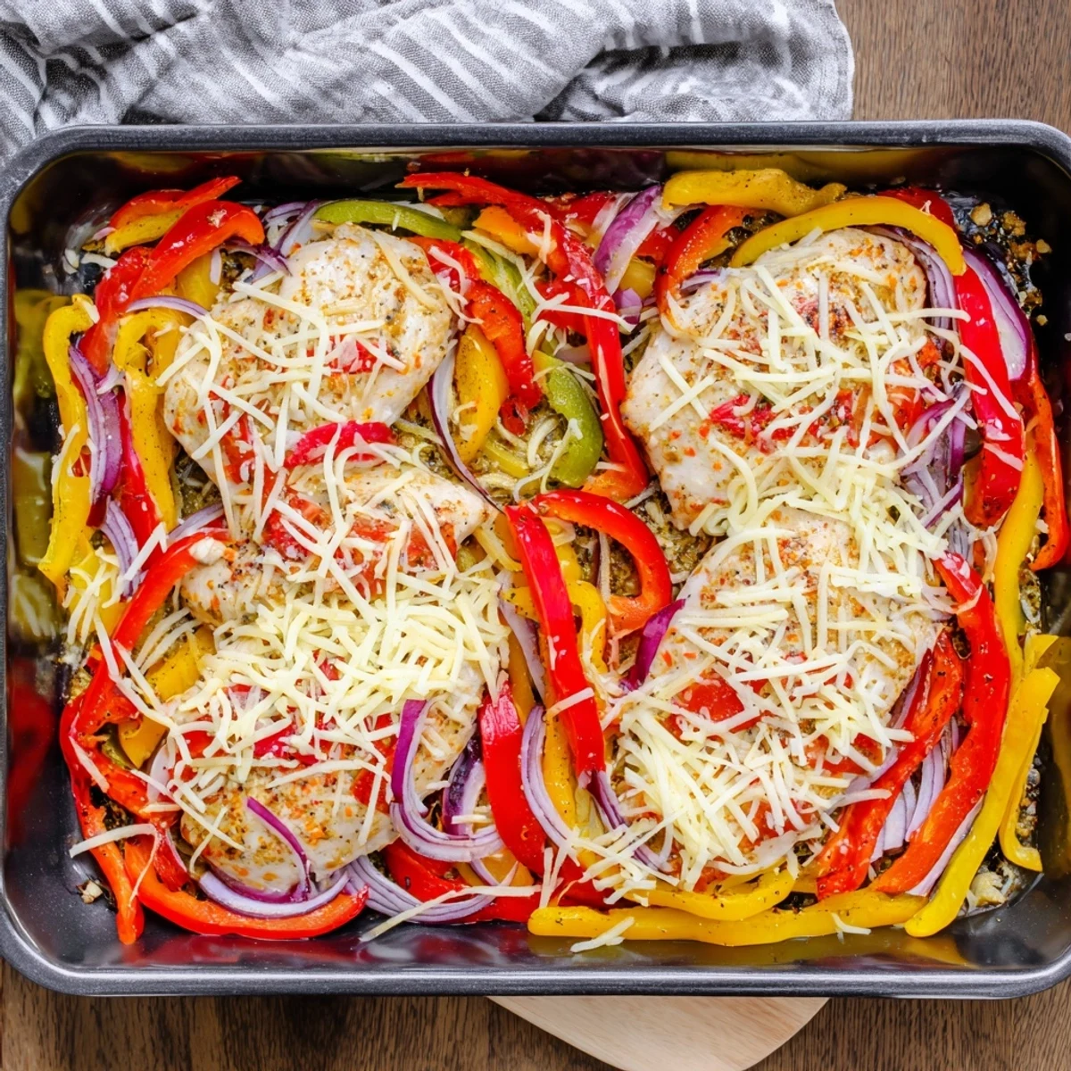 Family-friendly cheesy baked chicken breast with golden bubbly cheese and sautéed vegetables