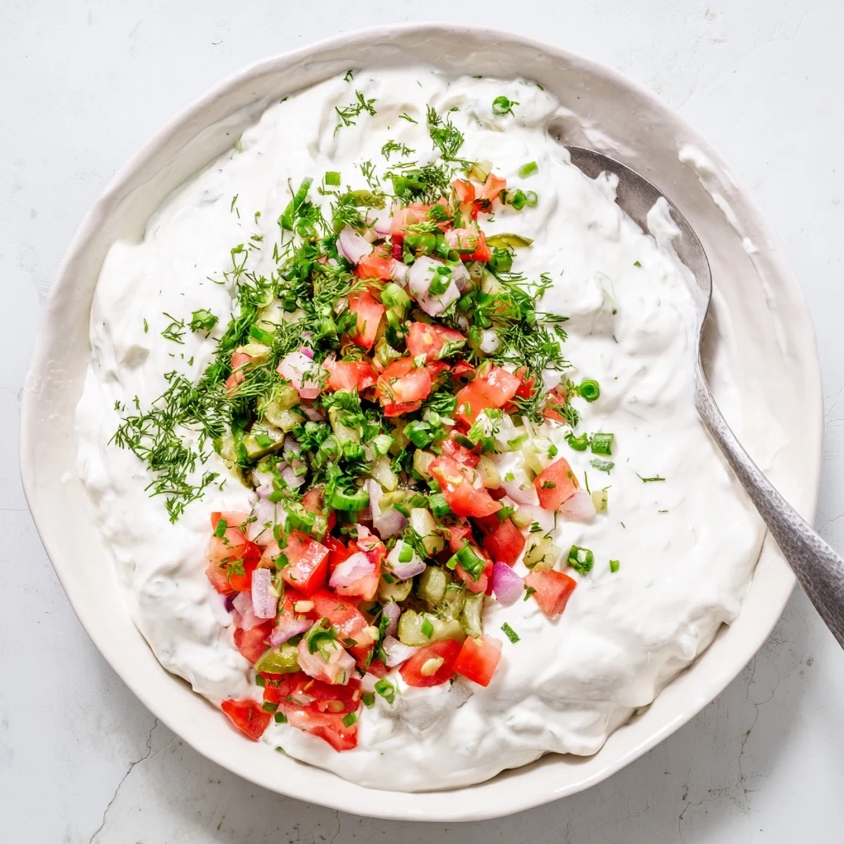 Creamy Grillos pickle de gallo ranch dip served in white bowl with tortilla chips and fresh vegetable sticks