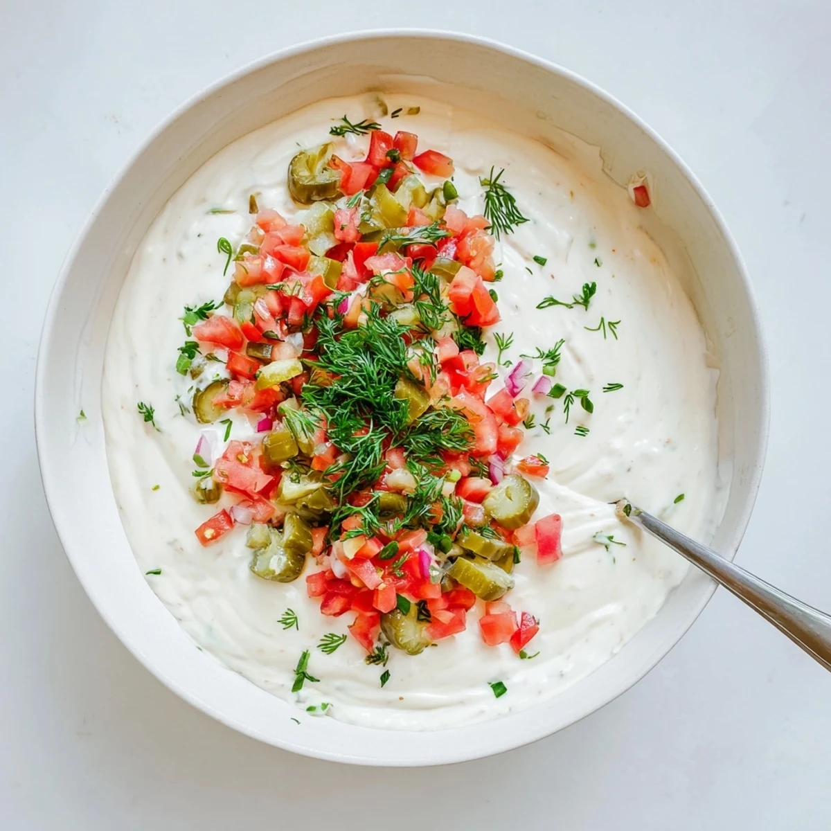 Close up of thick creamy Grillos pickle de gallo ranch dip speckled with chopped pickles and vibrant cilantro