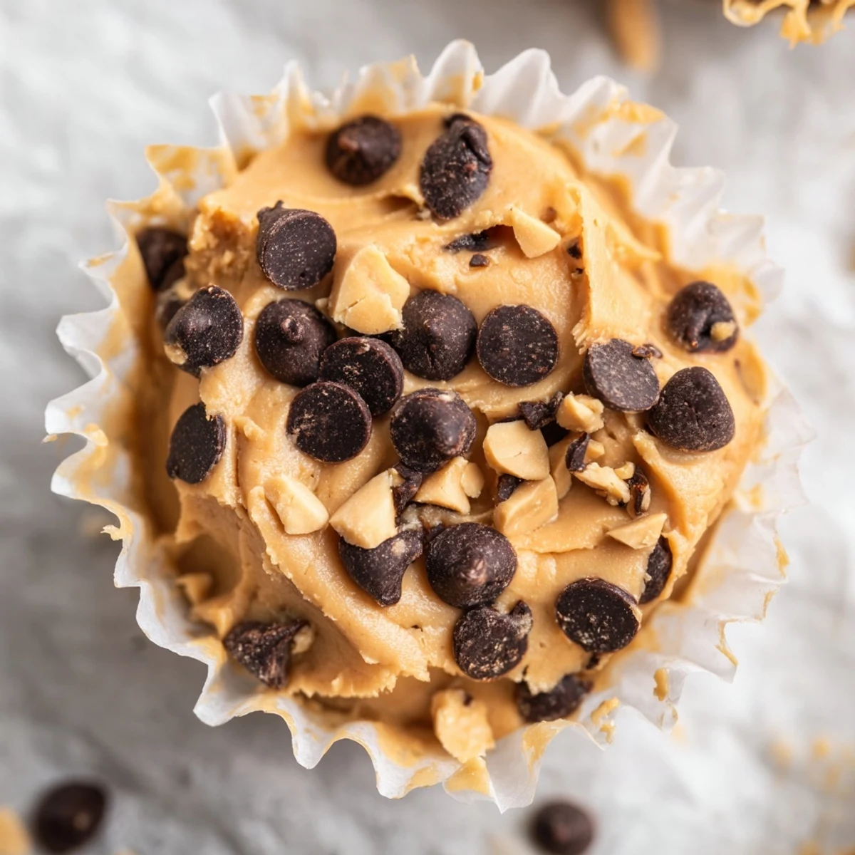 Frozen peanut butter Greek yogurt bites arranged in a muffin tin with chocolate chip toppings