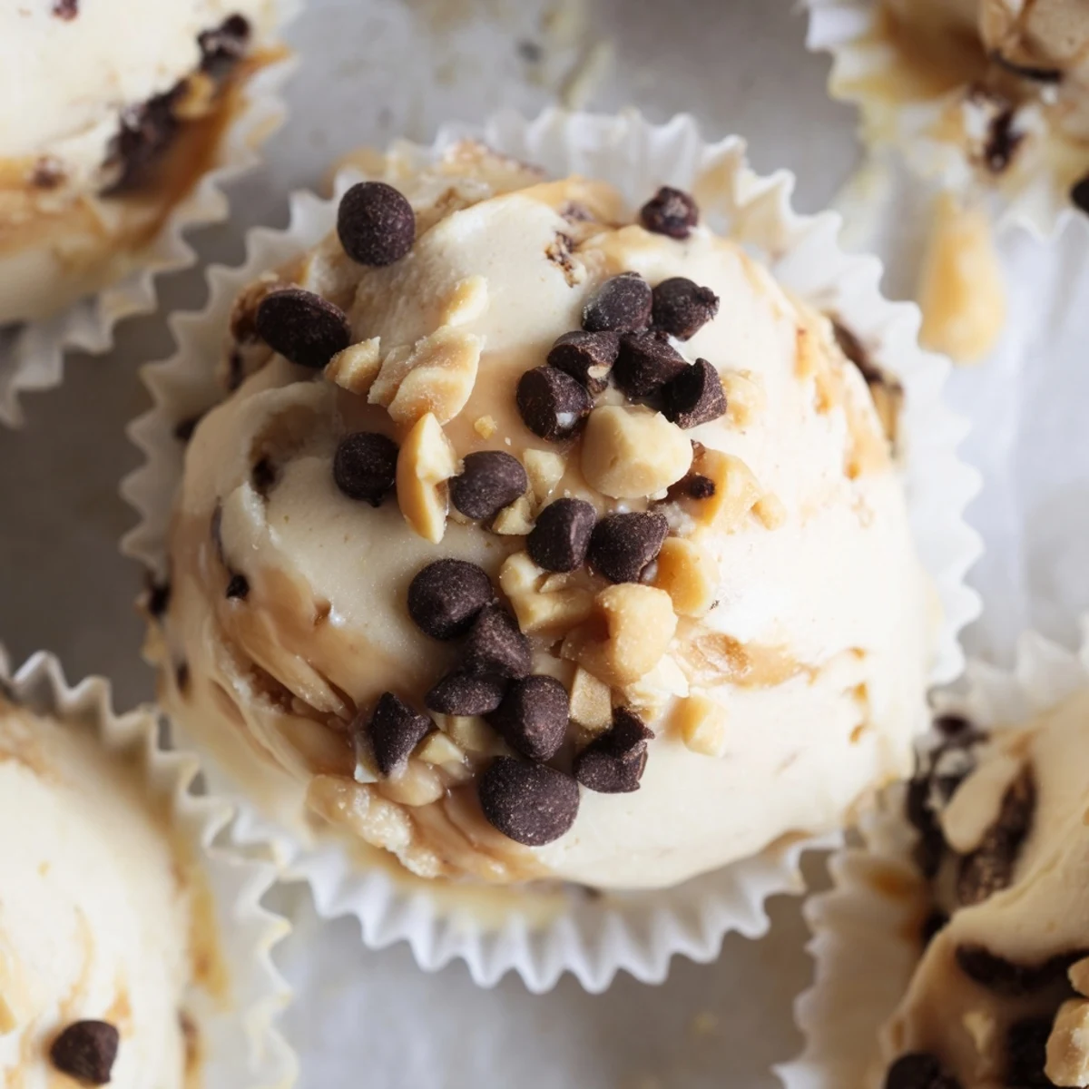 Creamy high protein frozen peanut butter Greek yogurt bites sprinkled with crushed peanuts on a white plate