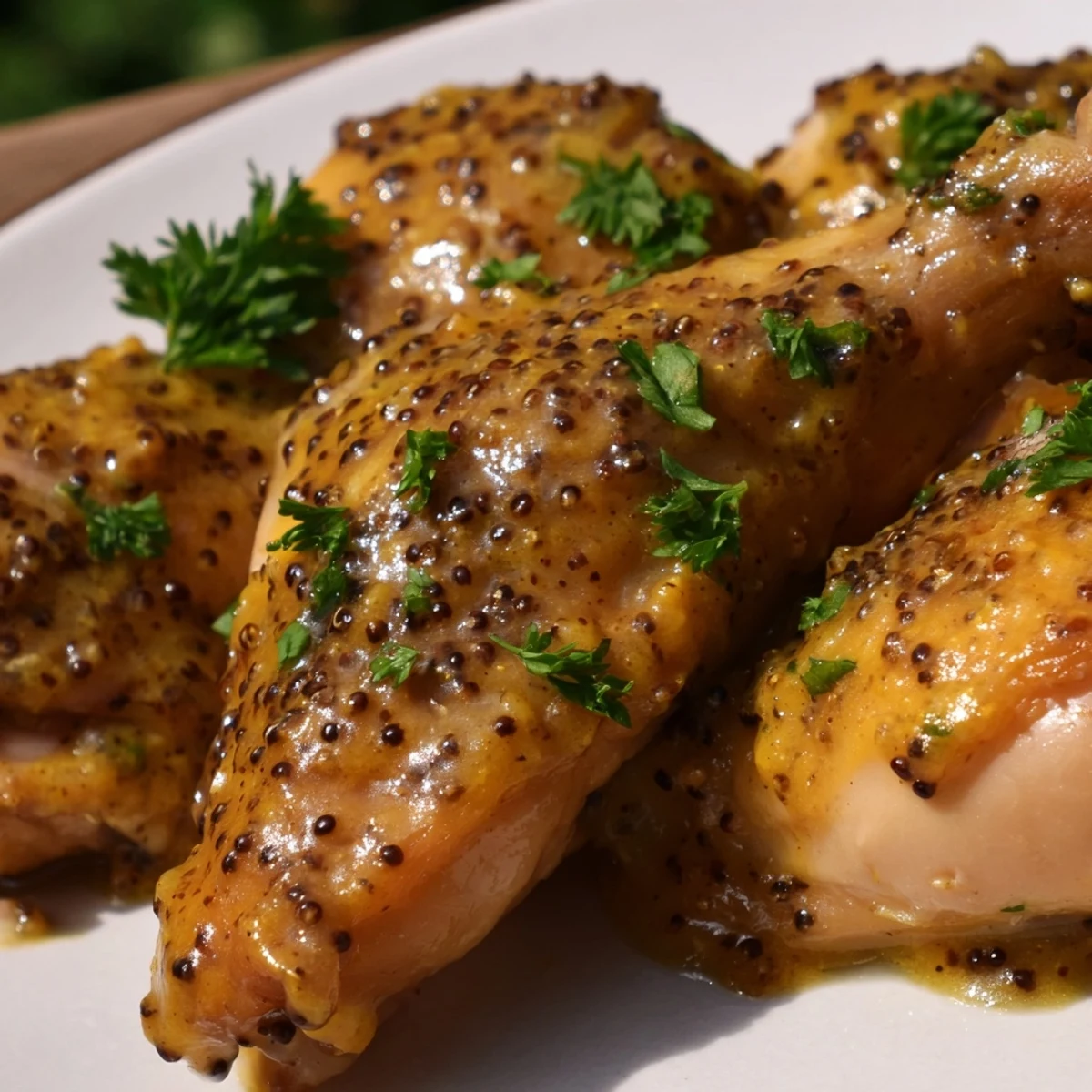 Golden glazed oven baked honey mustard chicken rests on a white serving plate with fresh parsley garnish