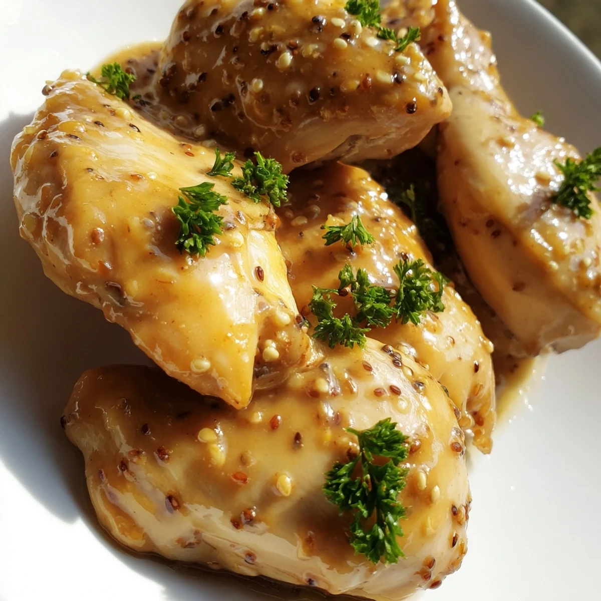 Juicy chicken breasts coated in shiny honey mustard sauce fresh from the oven ready for serving