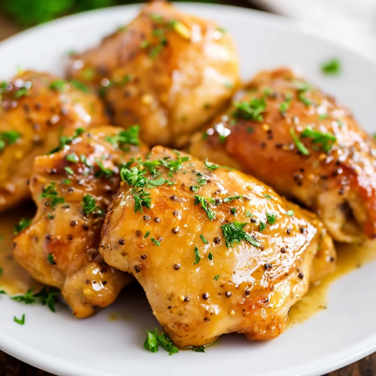 Close up of tender baked honey mustard chicken pieces drizzled with sweet tangy glaze on a rustic wooden board