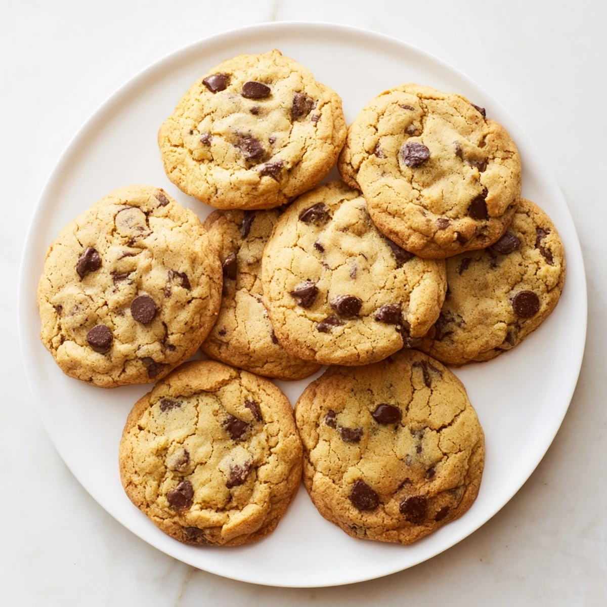 Golden brown chewy chocolate chip cookies fresh from the oven with melted chocolate puddles