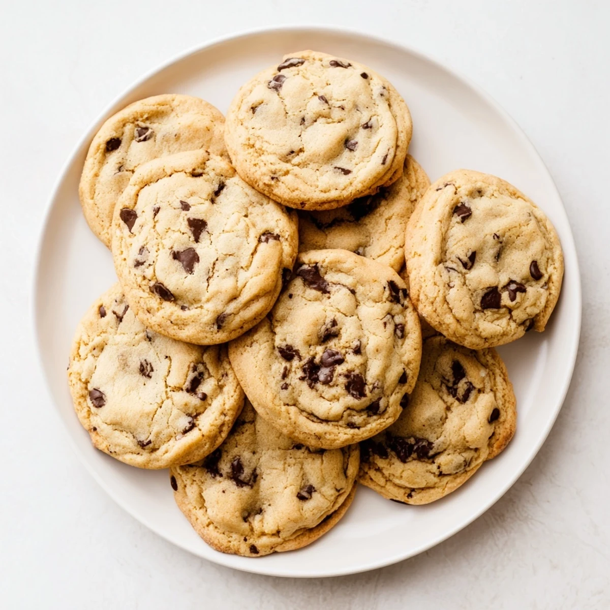 Thick soft chocolate chip cookies stacked on a wire rack ready for serving