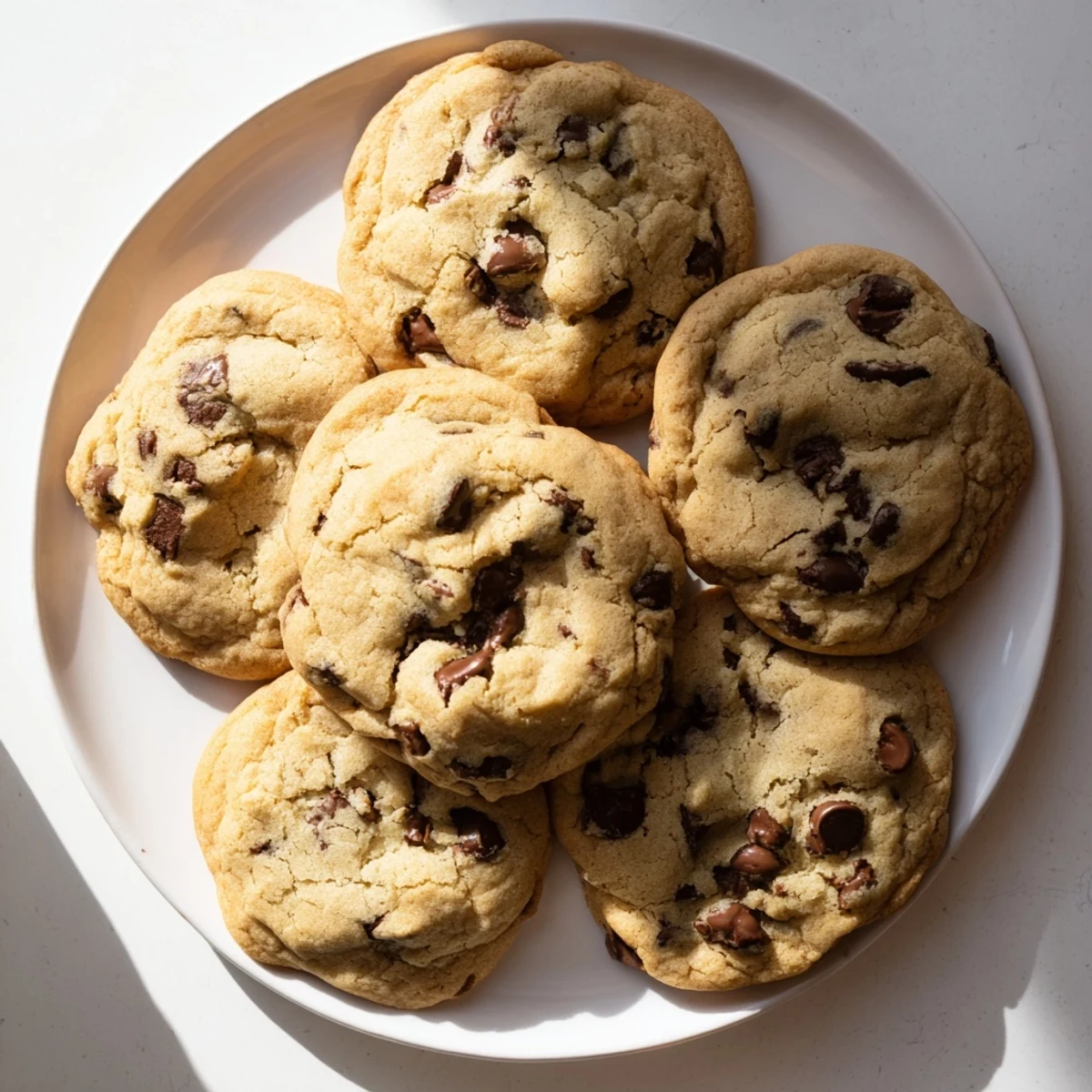 Warm chewy chocolate chip cookies with gooey chocolate centers on a white plate