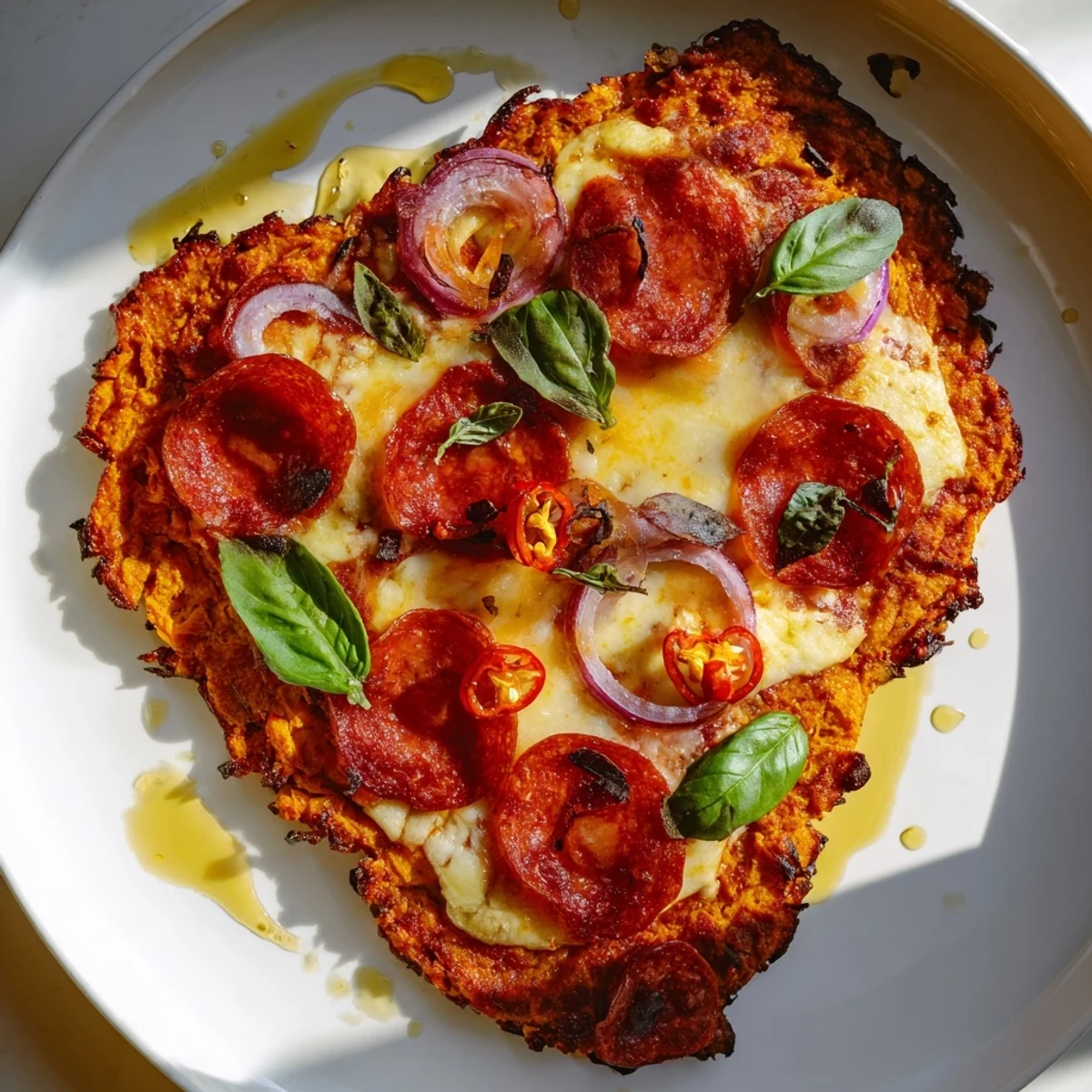 Gluten-free sweet potato crust pizza topped with melted mozzarella pepperoni and red onion slices