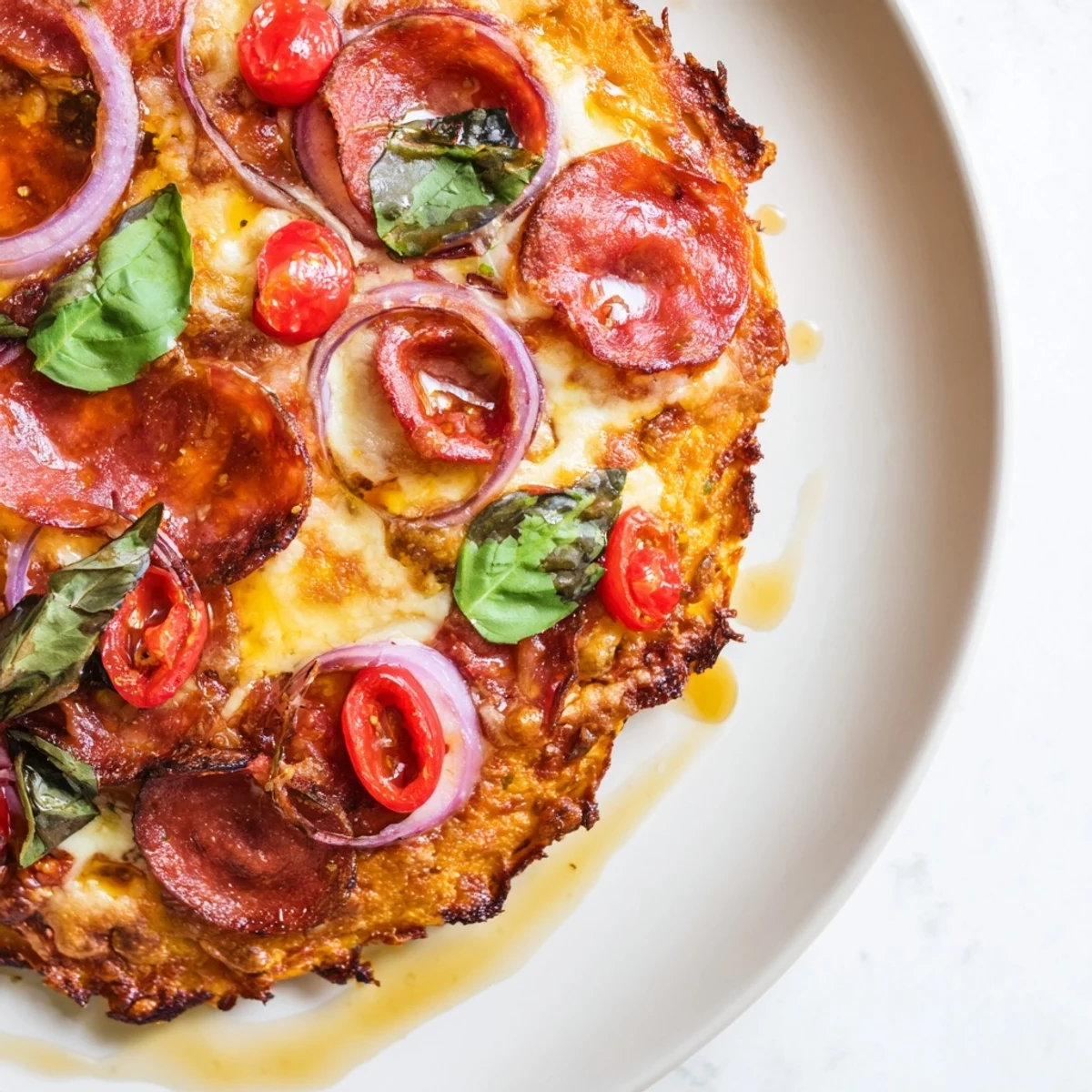 Golden pepperoni hot honey pizza with sweet potato crust drizzled with spicy honey glaze