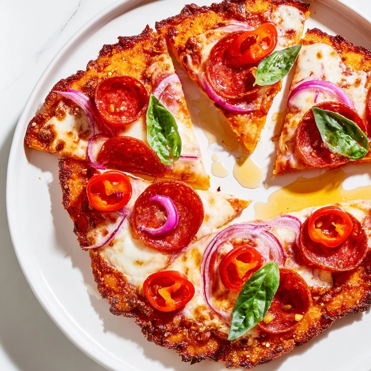 Sliced pepperoni hot honey pizza on sweet potato base garnished with fresh basil leaves